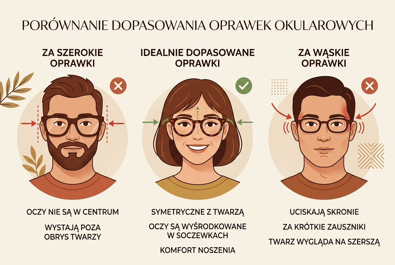 Infografika porównująca za szerokie, idealnie dopasowane i za wąskie oprawki okularowe — Drewniane Oprawki