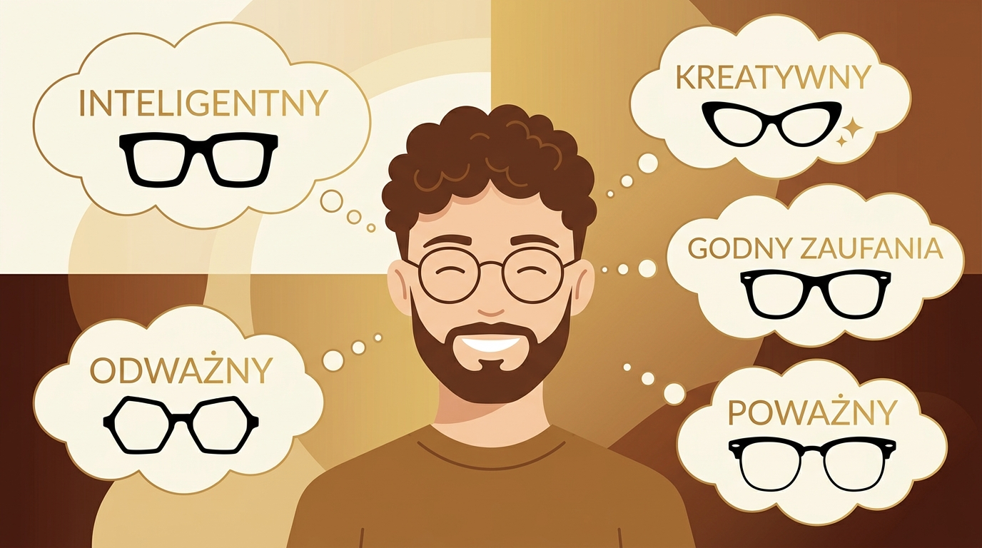 Ilustracja — twarz osoby w okularach otoczona chmurkami z przymiotnikami: inteligentny, kreatywny, godny zaufania, odważny, poważny — Drewniane Oprawki