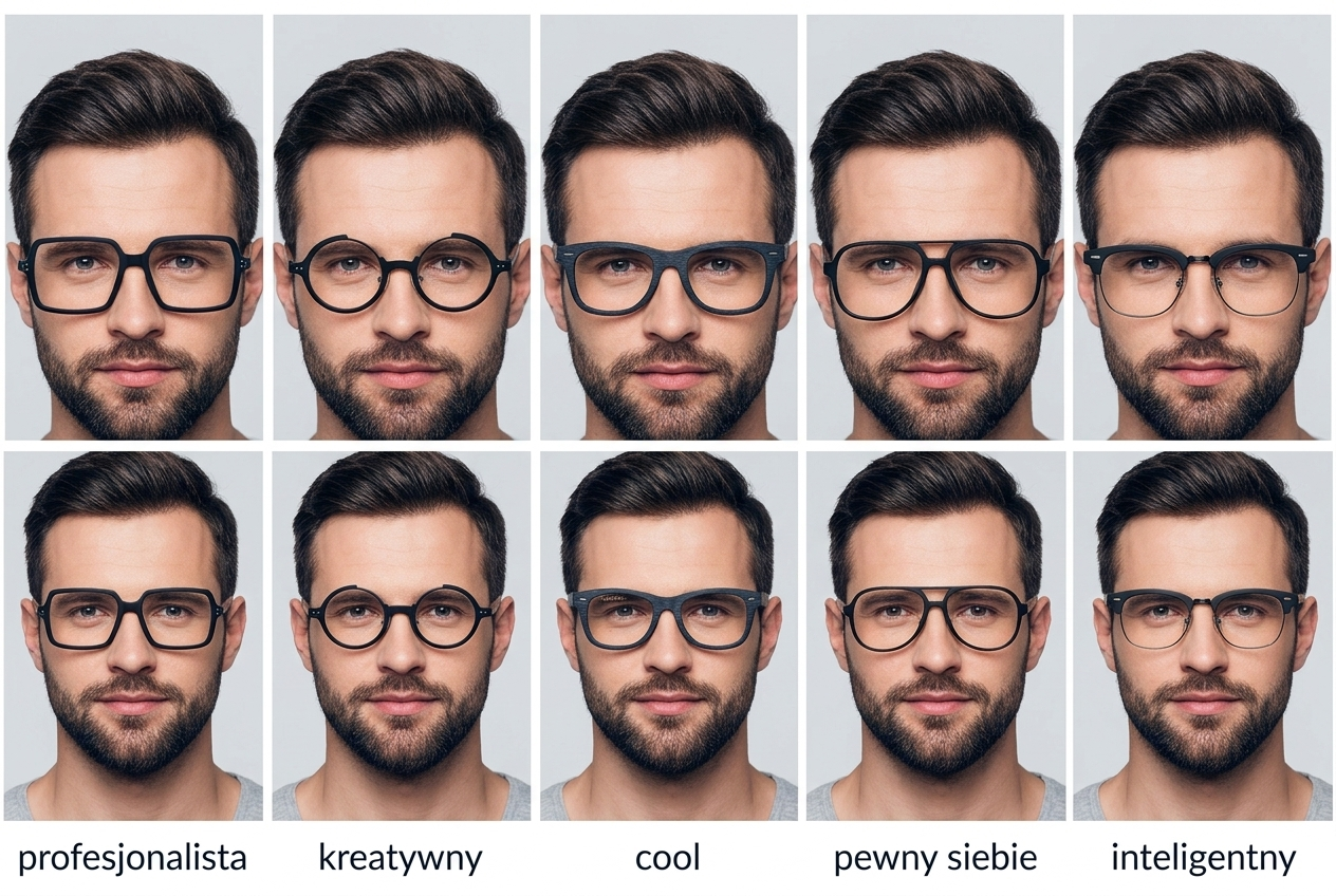 Ten sam mężczyzna w pięciu różnych oprawkach — profesjonalista, kreatywny, cool, pewny siebie, inteligentny — Drewniane Oprawki
