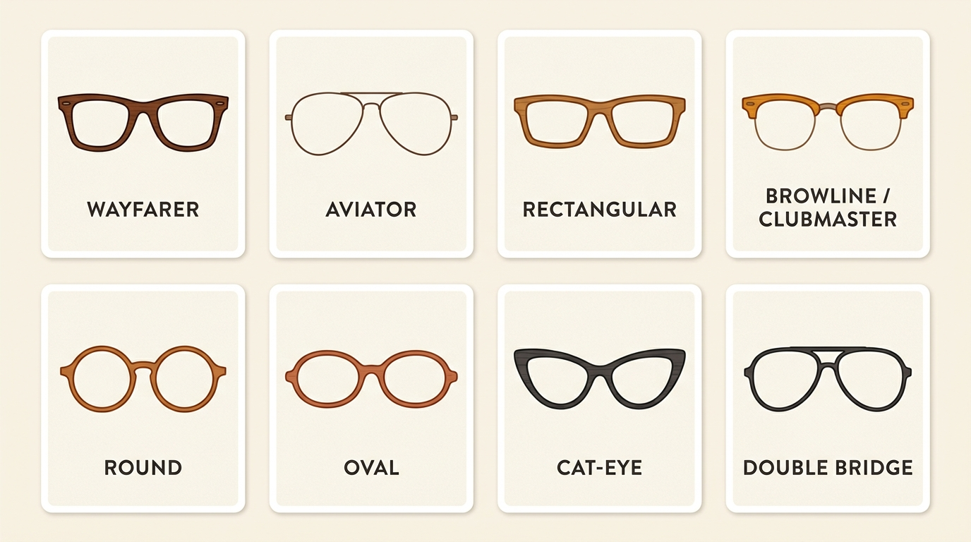 Infografika z 8 kształtami oprawek: wayfarer, aviator, prostokątne, browline, okrągłe, owalne, cat-eye, double bridge — Drewniane Oprawki