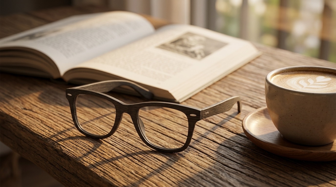 Oprawki z naturalnym wzorem drewna leżące na drewnianym blacie obok filiżanki kawy i otwartej książki — Drewniane Oprawki