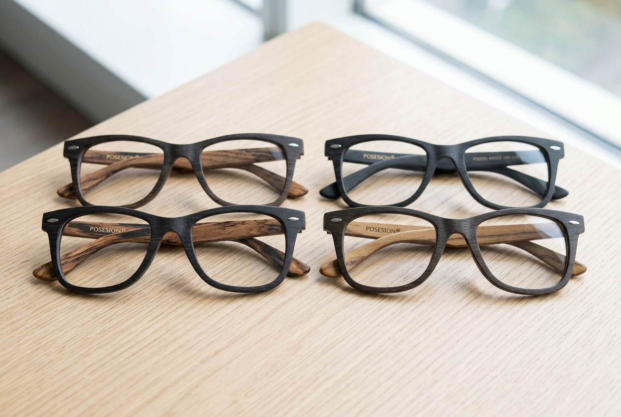 Dwie pary oprawek tego samego modelu z widocznie różnym rysunkiem słojów drewna, ułożone obok siebie na jasnym tle — Drewniane Oprawki