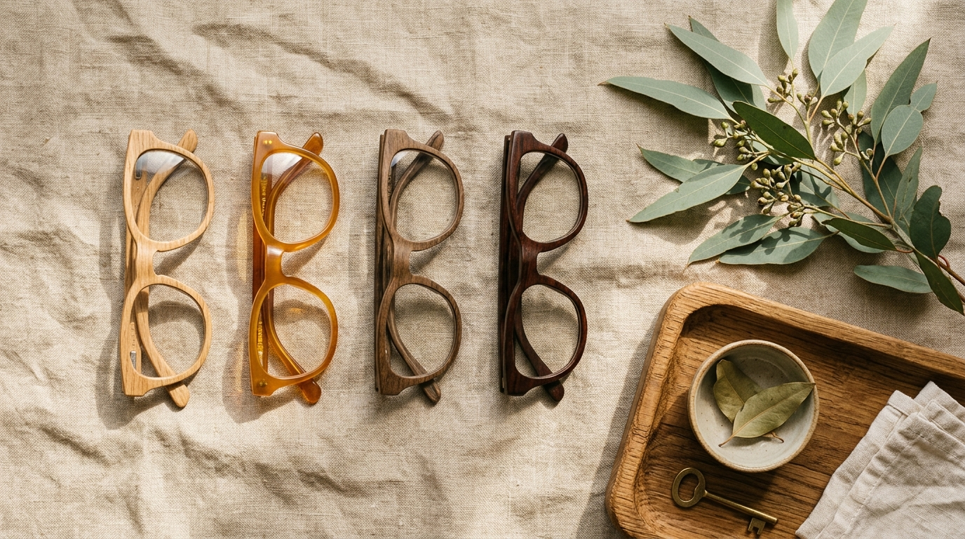 Cztery pary oprawek okularowych w odcieniach miodowym, orzechowym, ciemnym brązie i jasnym dębie — Drewniane Oprawki