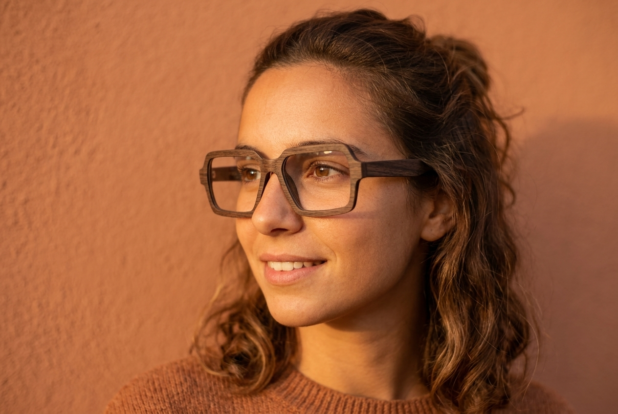 Portret kobiety o ciepłej karnacji w oprawkach w kolorze miodowym