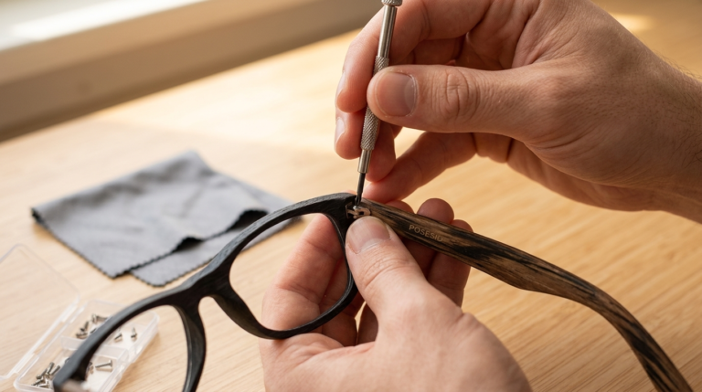 Ręce z mini śrubokrętem regulujące zawias oprawek z drewnianym wzorem — Drewniane Oprawki