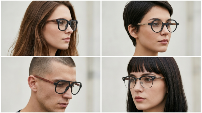 Cztery portrety: różne fryzury z dopasowanymi oprawkami z drewnianym wzorem — Drewniane Oprawki