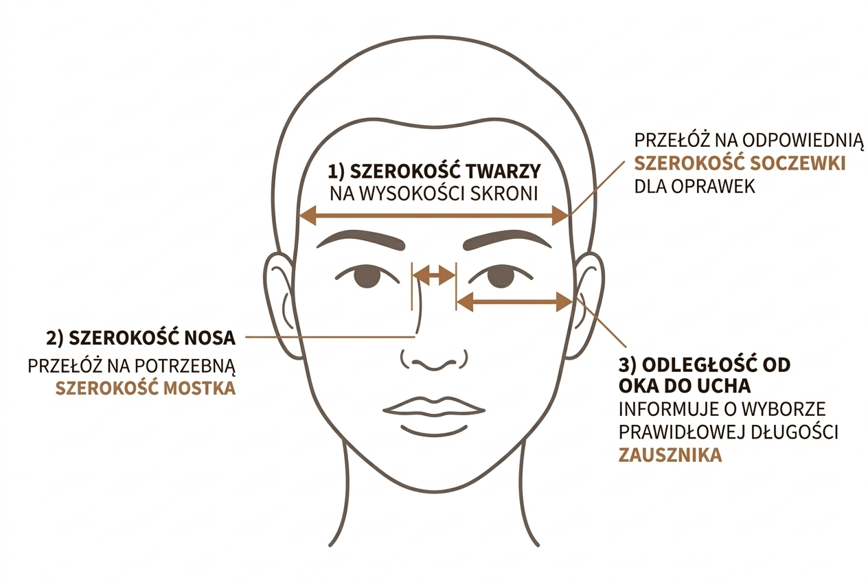 Infografika z obrysem twarzy i zaznaczonymi wymiarami do doboru oprawek okularowych — Drewniane Oprawki