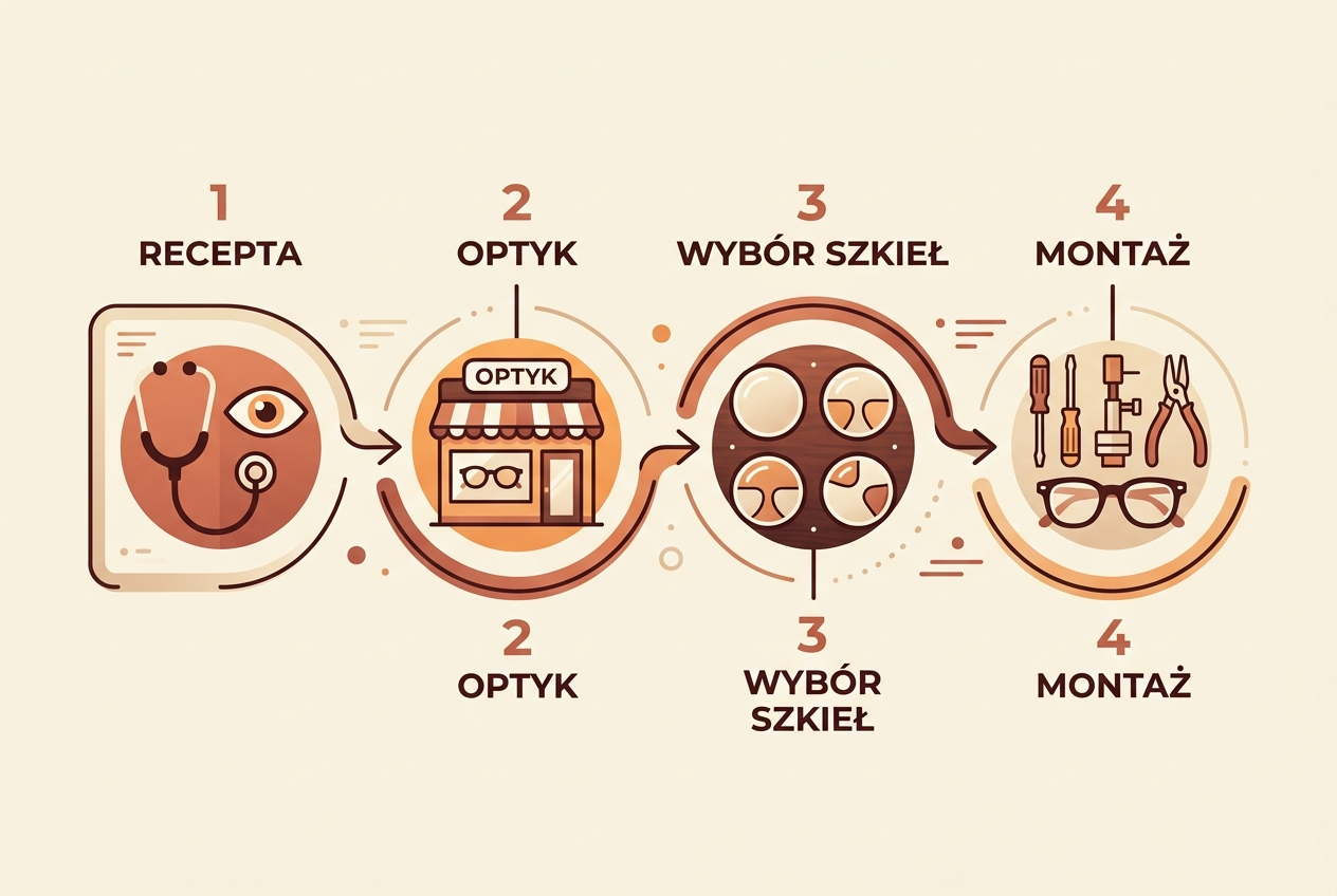 Infografika: 4 kroki wymiany szkieł — recepta, optyk, wybór szkieł, montaż — Drewniane Oprawki