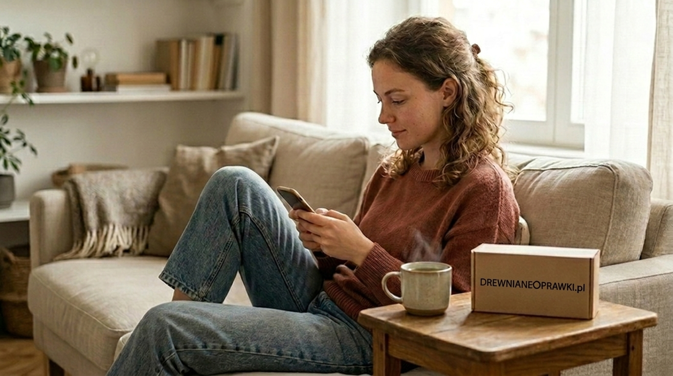 Kobieta siedząca na kanapie przegląda sklep z oprawkami na telefonie, obok paczka z logo DREWNIANEOPRAWKI.pl — Drewniane Oprawki