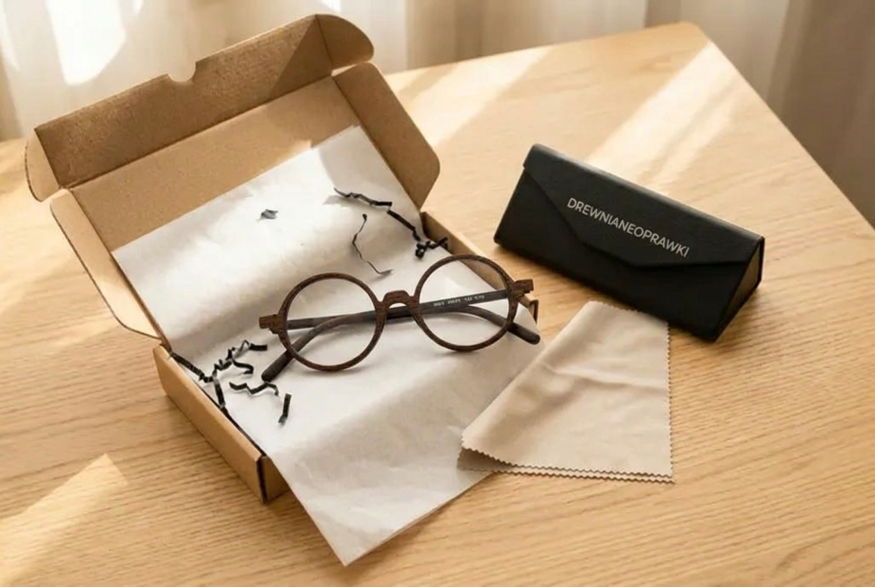 Otwarta paczka z okrągłymi oprawkami Tetris kawowy, czarnym etui DREWNIANEOPRAWKI i ściereczką z mikrofibry na drewnianym stole