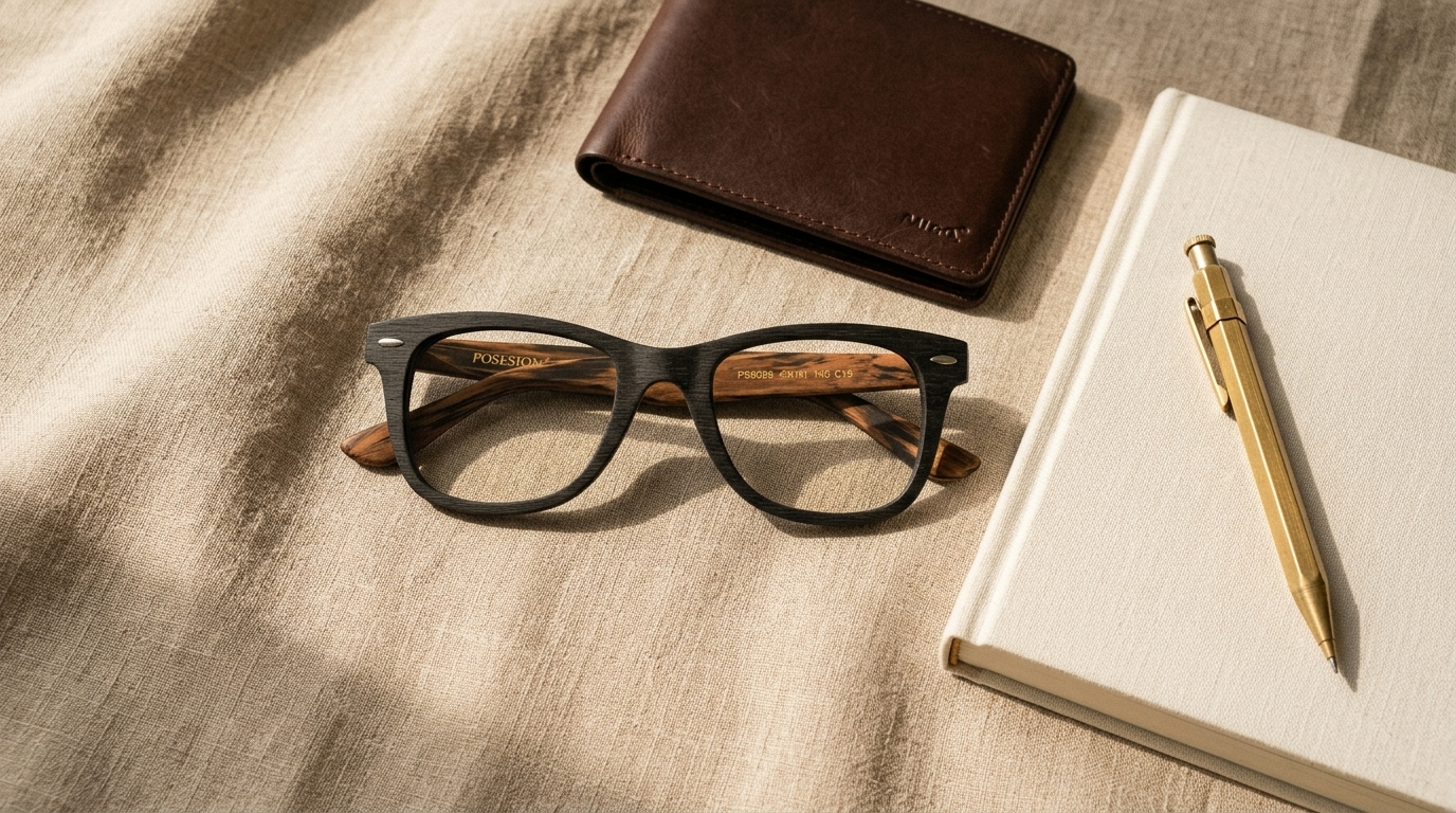 Oprawki z drewnianym wzorem na lnianym materiale obok minimalistycznych akcesoriów — filozofia slow fashion — Drewniane Oprawki