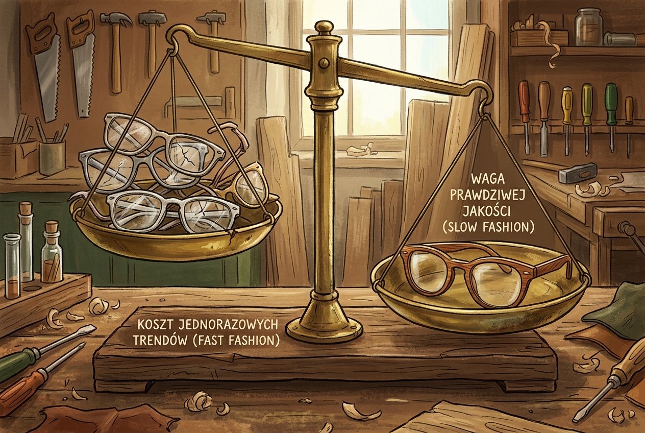 Waga porównawcza: pięć tanich oprawek vs jedna para premium z drewnianym wzorem — metafora slow fashion — Drewniane Oprawki
