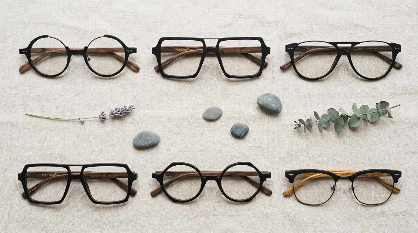Sześć par oprawek okularowych w różnych modnych kształtach 2024 ułożonych na jasnym tle z elementami natury — Drewniane Oprawki