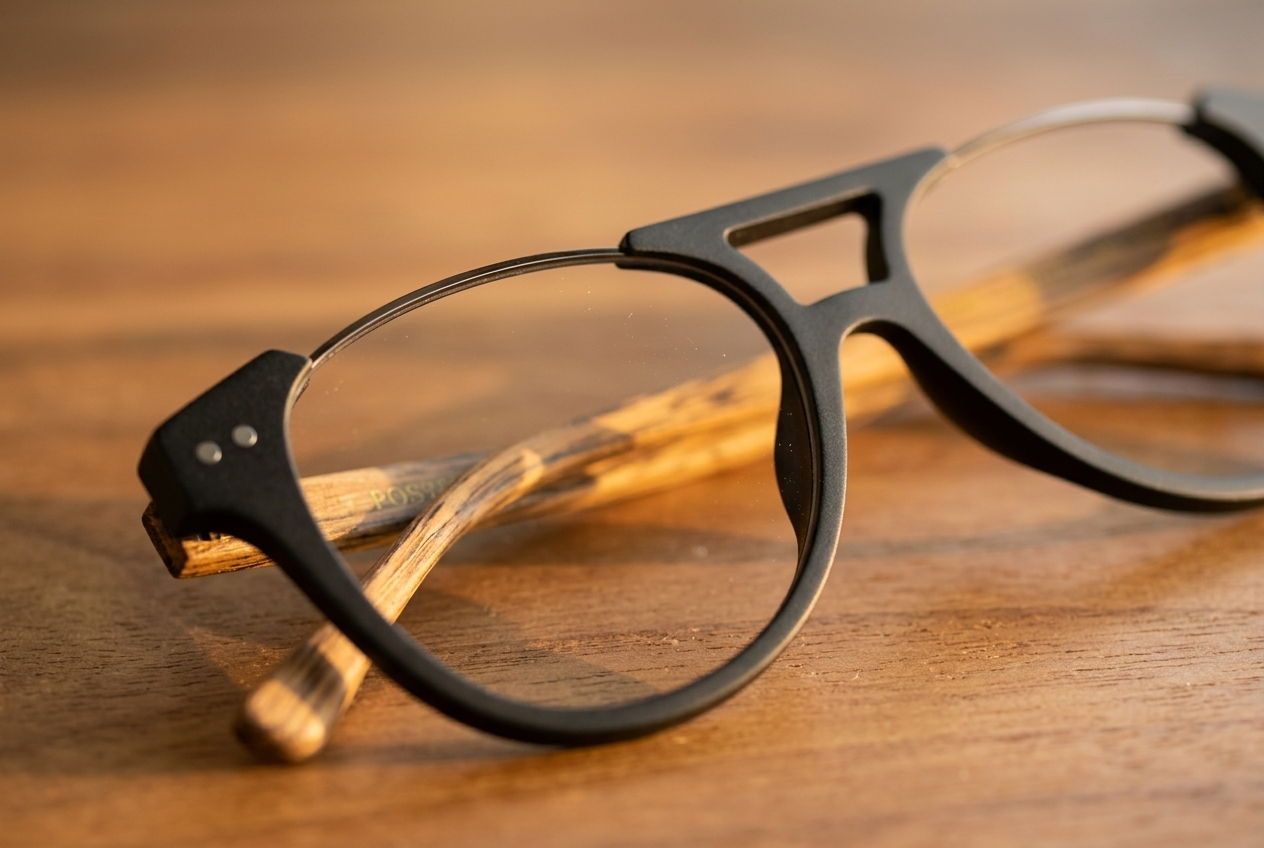 Zbliżenie na oprawki Inferno z podwójnym mostkiem, ciepłe światło podkreśla naturalny wzór drewna — Drewniane Oprawki