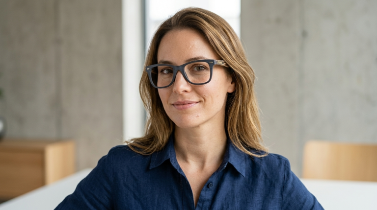 Pewna siebie osoba w oprawkach wayfarer z drewnianym wzorem — jasne, optymistyczne światło — Drewniane Oprawki