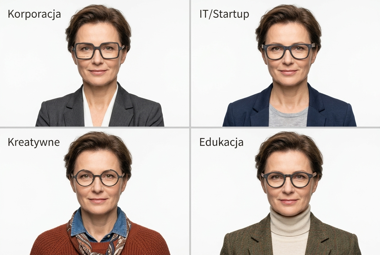Cztery portrety w różnych oprawkach dopasowanych do branży: korporacja, IT, kreatywne, edukacja — Drewniane Oprawki