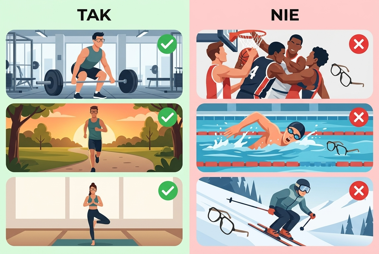 Infografika porównująca sporty w których można ćwiczyć w oprawkach (siłownia, bieganie, joga) vs sporty bez oprawek (koszykówka, pływanie, narty) — Drewniane Oprawki