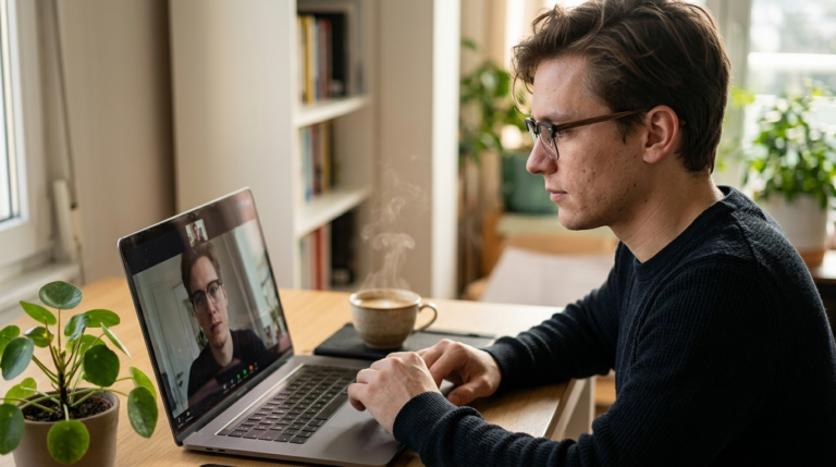 Osoba w stylowych oprawkach z drewnianym wzorem podczas wideorozmowy przy laptopie — Drewniane Oprawki