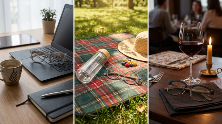 Trzy pary oprawek z drewnianym wzorem w trzech sceneriach: biuro, plener, restauracja — Drewniane Oprawki