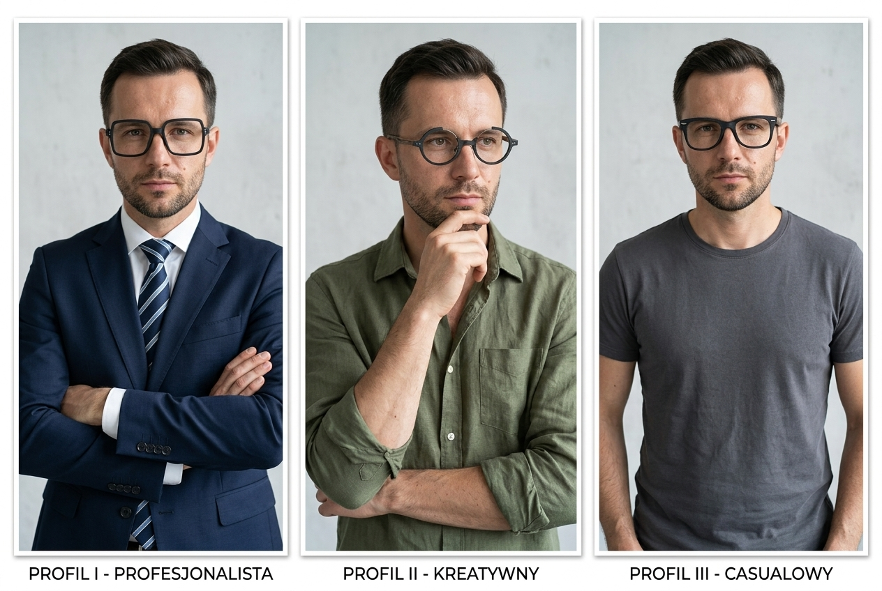 Ten sam mężczyzna w trzech różnych oprawkach z drewnianym wzorem — profesjonalista, kreatywny, casualowy — Drewniane Oprawki