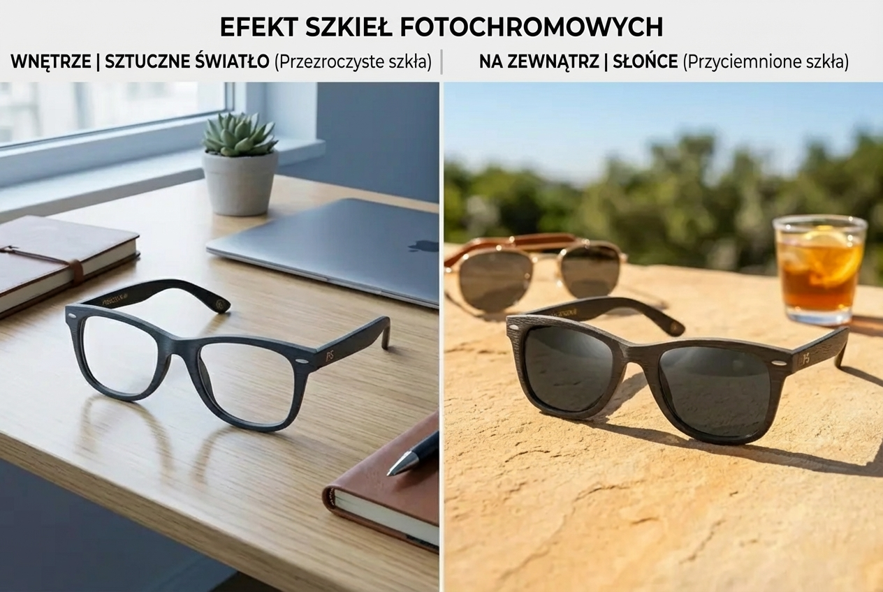 Porównanie oprawek z drewnianym wzorem: przezroczyste szkła w pomieszczeniu vs przyciemnione fotochromowe na słońcu — Drewniane Oprawki