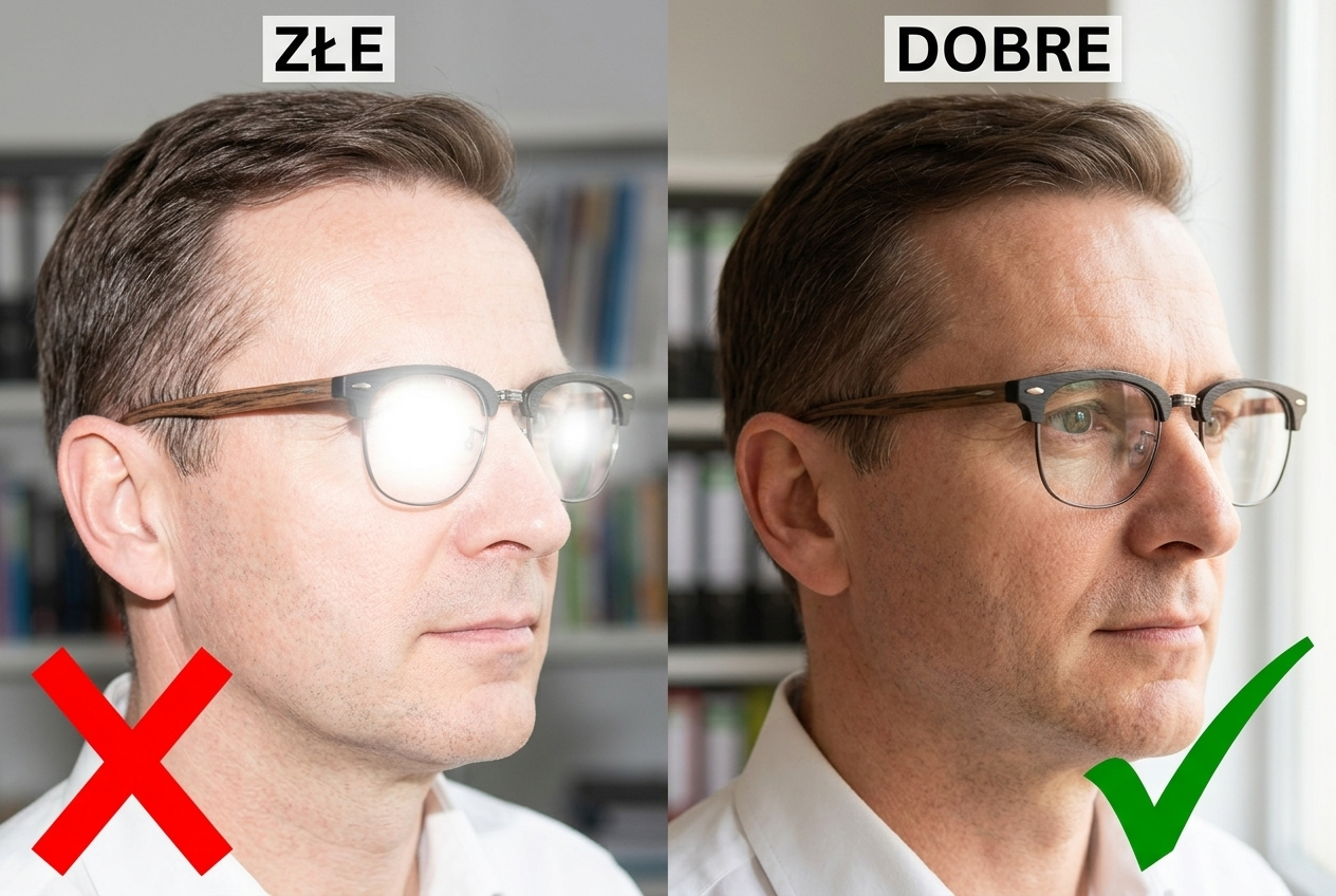 Porównanie zdjęć profilowych: z odblaskami w okularach vs bez odblasków — Drewniane Oprawki