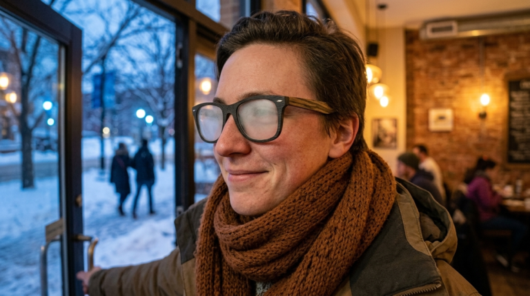 Osoba wchodząca z mrozu do kawiarni z zaparowanymi oprawkami z drewnianym wzorem — Drewniane Oprawki