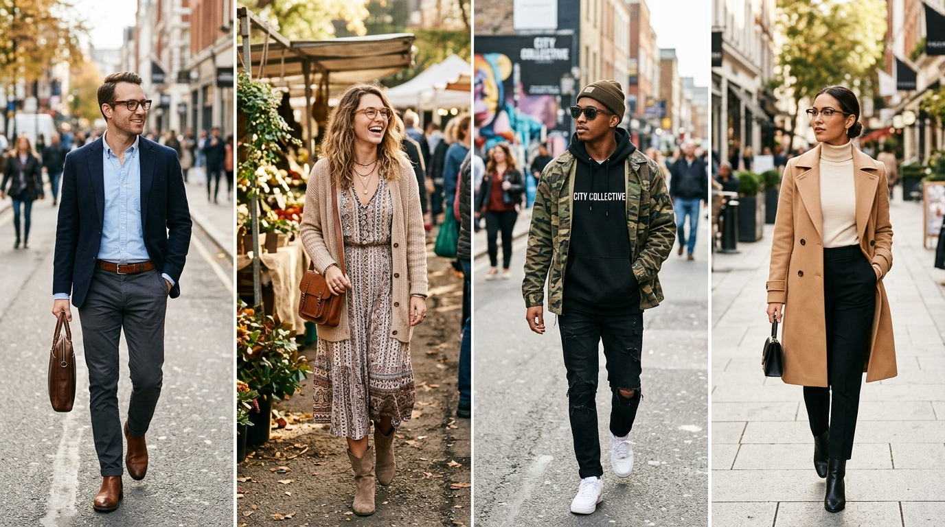 Kolaż czterech stylizacji z oprawkami okularowymi: casual, elegancki, boho i streetwear — Drewniane Oprawki