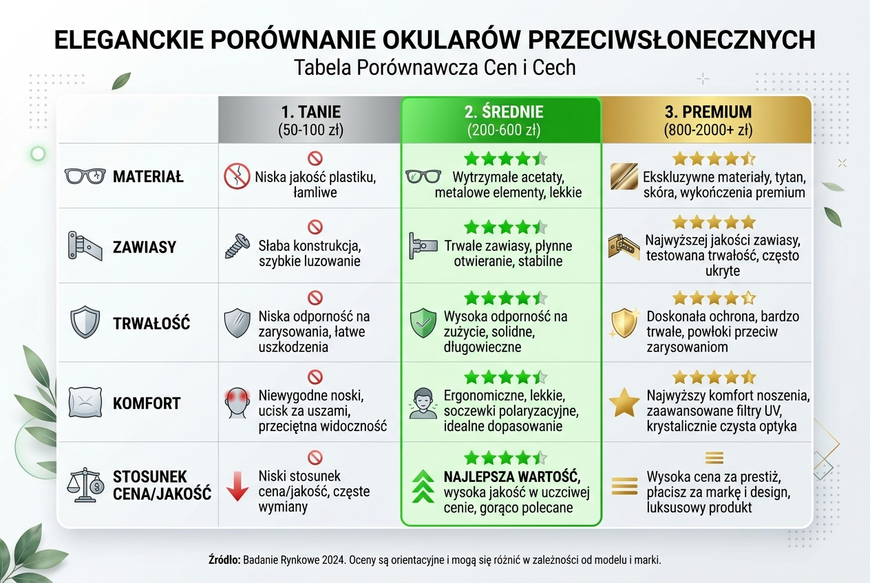 Infografika porównująca cechy oprawek w trzech przedziałach cenowych: tanie, średnie i premium — Drewniane Oprawki