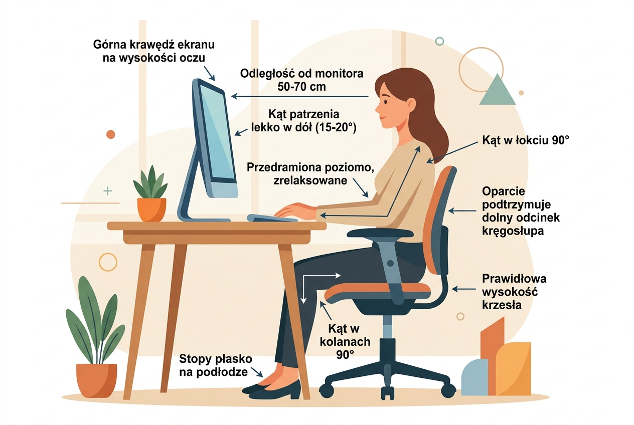 Infografika przedstawiająca prawidłową ergonomię stanowiska pracy przy komputerze z polskimi opisami — Drewniane Oprawki