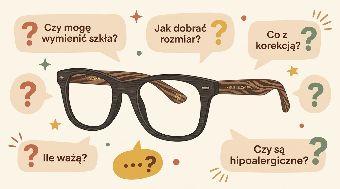 Oprawki z drewnianym wzorem otoczone dymkami z najczęstszymi pytaniami klientów — Drewniane Oprawki