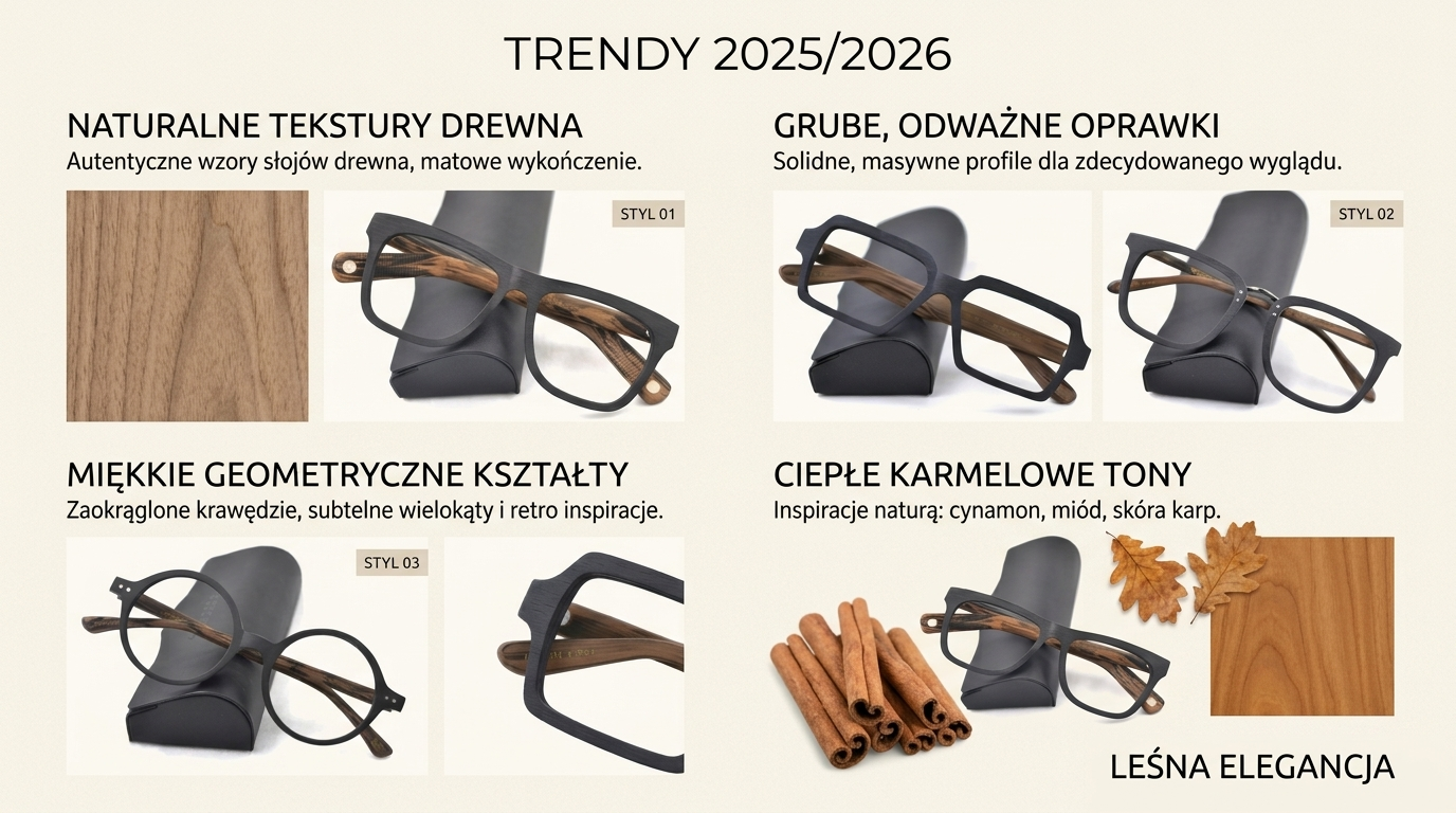 Moodboard z trendami oprawek okularowych 2025/2026 — naturalne tekstury, grube oprawki, geometryczne kształty — Drewniane Oprawki