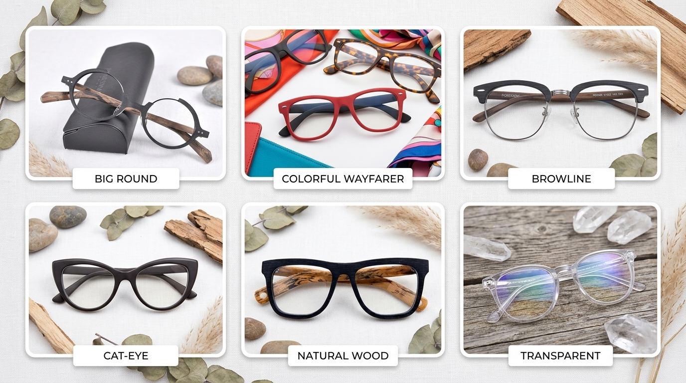 Moodboard z sześcioma stylami oprawek okularowych na 2023 — okrągłe, wayfarer, browline, cat-eye, naturalne drewno, transparentne — Drewniane Oprawki