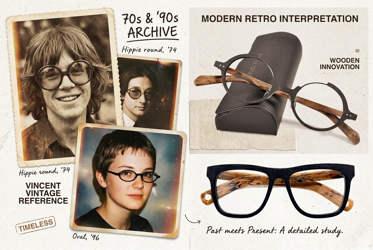 Kolaż retro inspiracji — zdjęcia z lat 70. i 90. zestawione z nowoczesnymi oprawkami z drewnianym wzorem