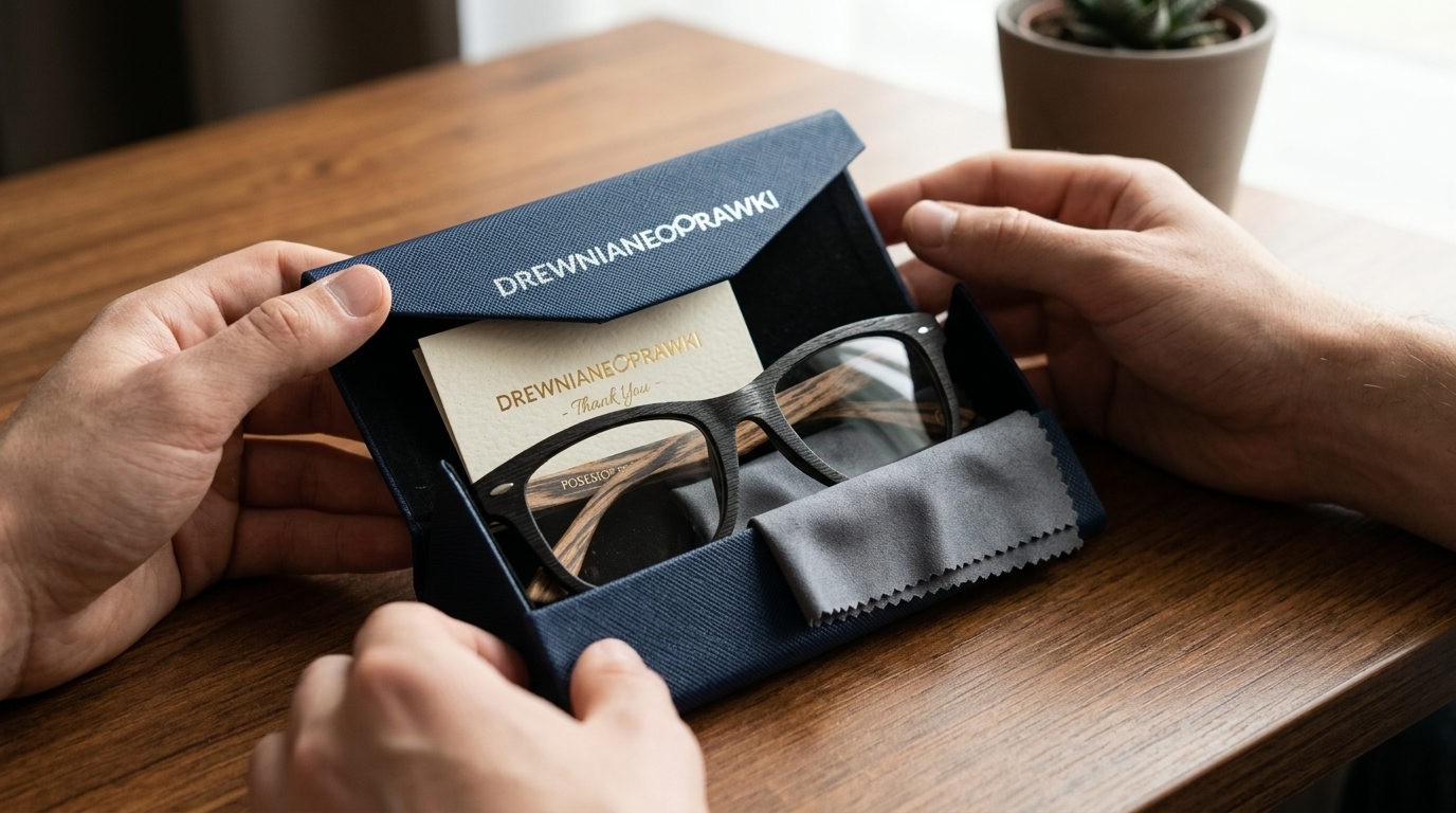 Ręce otwierające elegancką paczkę z oprawkami w etui, ściereczką i wizytówką na drewnianym blacie — Drewniane Oprawki