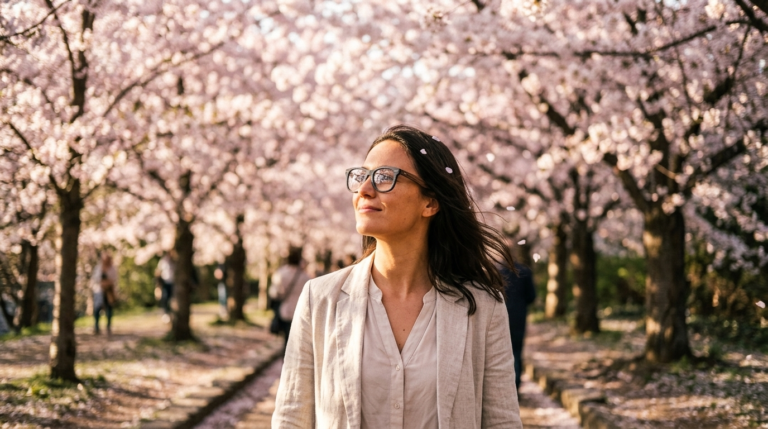 Osoba w oprawkach z drewnianym wzorem spacerująca wiosenną alejką z kwitnącymi drzewami — Drewniane Oprawki