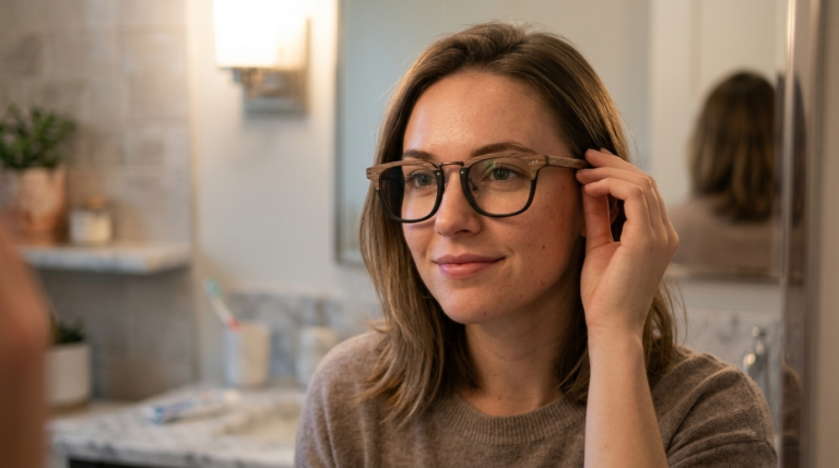 Kobieta zakładająca oprawki z zerówkami przed lustrem w łazience — Drewniane Oprawki