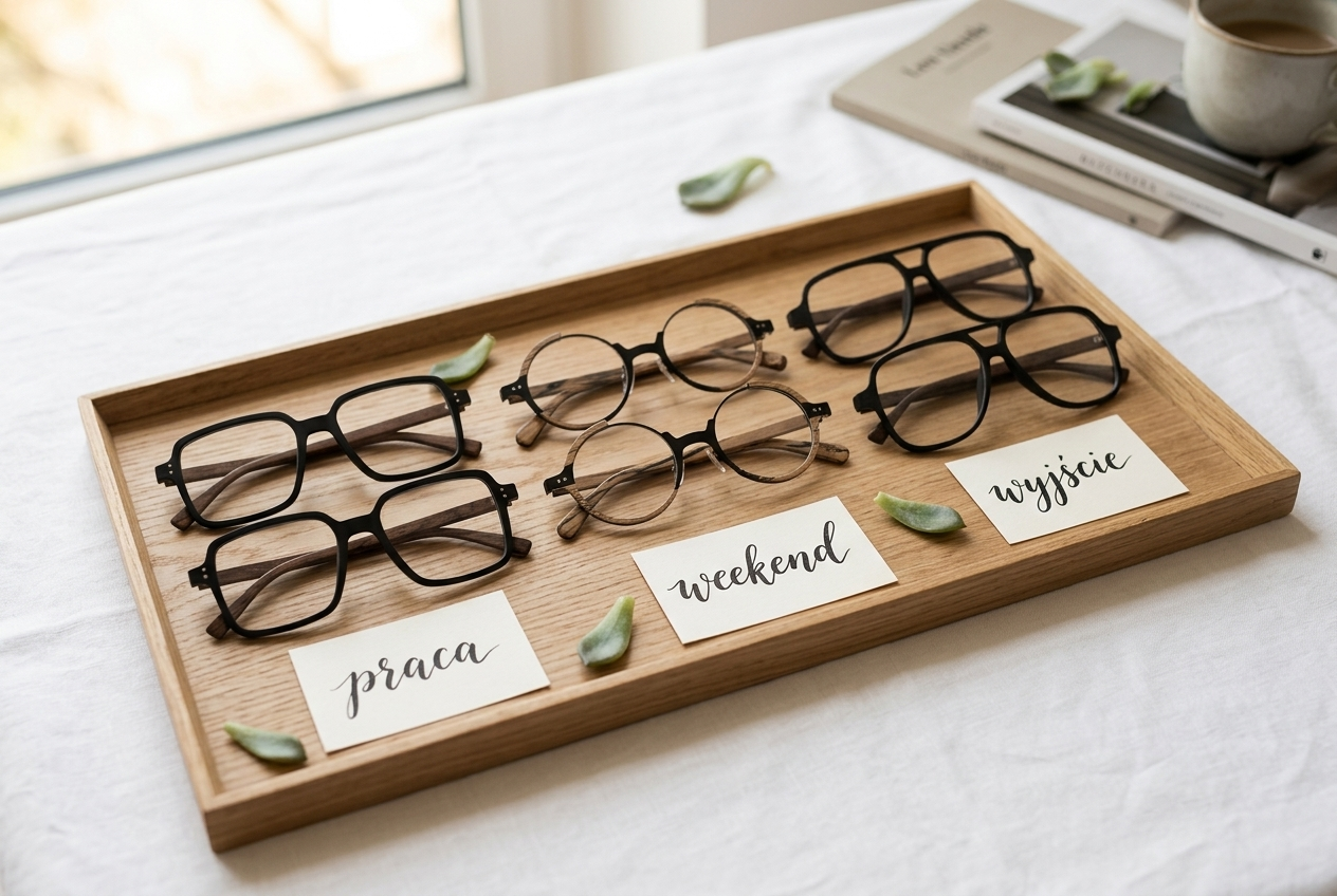 Trzy pary oprawek z drewnianym wzorem ułożone na drewnianej tacy z etykietami praca, weekend, wyjście — Drewniane Oprawki